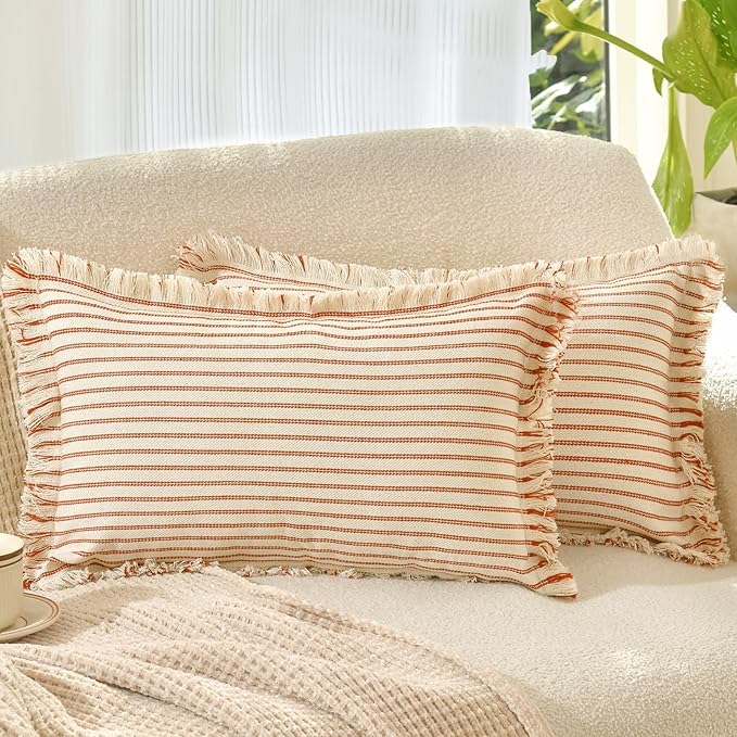 ZWJD Throw Pillow Covers 12x20 Set of 2 Striped Pillow Covers with Fringe Chic Cotton Decorative Pillows Square Cushion Covers for Sofa Couch Bed Living Room Farmhouse Decor, (Burnt Orange)