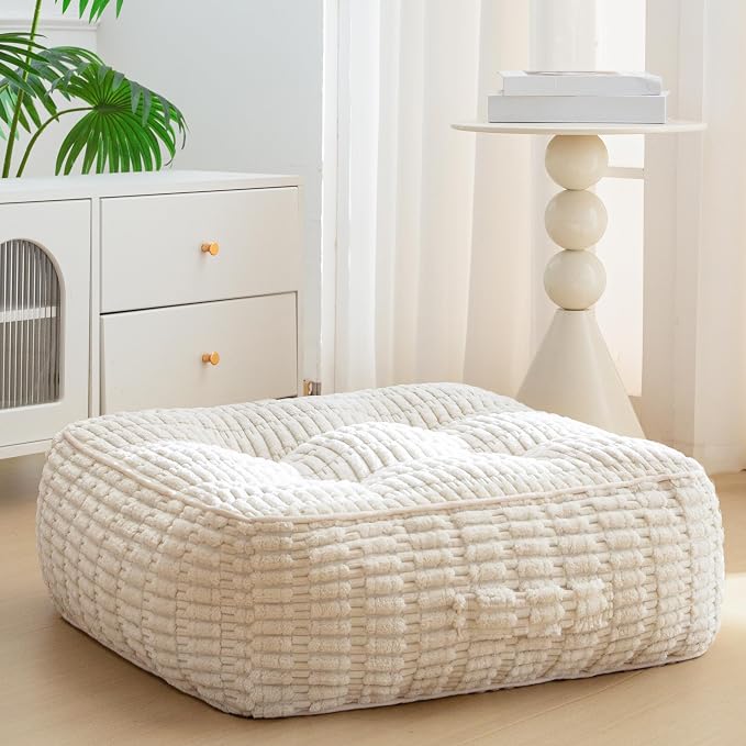 HIGOGOGO 8" Floor Pillow Cushion for Adults, Meditation Cushion Pillow, Blended Corduroy Cover, Large Square Floor Sitting for Tatami Living Room or Yoga, 22x22 Inch, Beige
