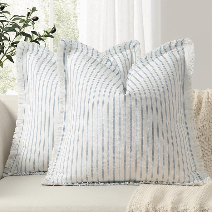 ZWJD Throw Pillow Covers 22x22 Set of 2 Striped Pillow Covers with Fringe Chic Cotton Decorative Pillows Square Cushion Covers for Sofa Couch Bed Living Room Farmhouse Decor (Light Blue)