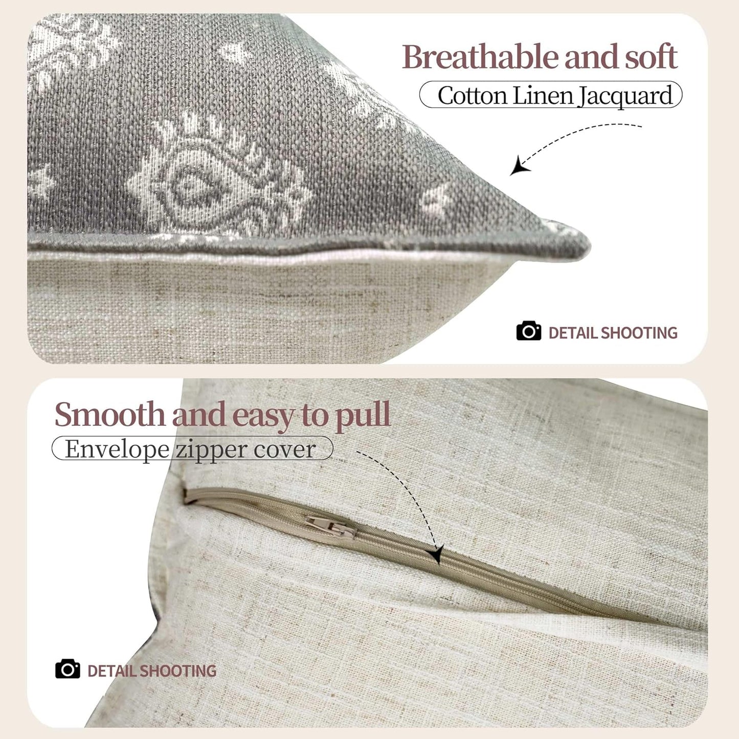 Floral Throw Pillow Covers 20x20 Set of 2, Dark Grey Decorative Pillow Covers Neutral Faux Linen Cotton Blend, Vintage Look for Couch, Sofa, Bed, Living Room