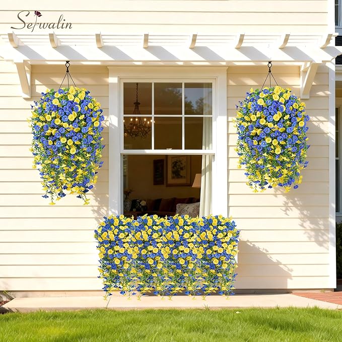 Serwalin Artificial Hanging Flowers for Outdoors Faux Plants, 4PCS Faux Morning Glory Fake Outdoor Flowers UV Resistant Realistic Silk Flower for Outside Planter Front Door Porch Patio Yard Decor