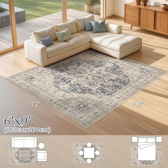 Tortania Area Rug Living Room Rugs - 6x9 Washable Boho Rug Vintage Oriental Distressed Farmhouse Large Thin Indoor Carpet for Living Room Bedroom Under Dining Table Home Office - Cream Blue