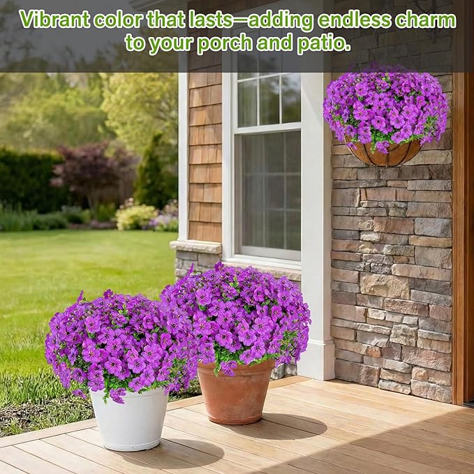 Artificial Flowers Fake Plants for Outdoors Spring Decoration, 13Bundles Silk Realistic UV Resistant Faux Flowers for Outside Planter Porch Yard Patio Garden Home Indoor, Purple