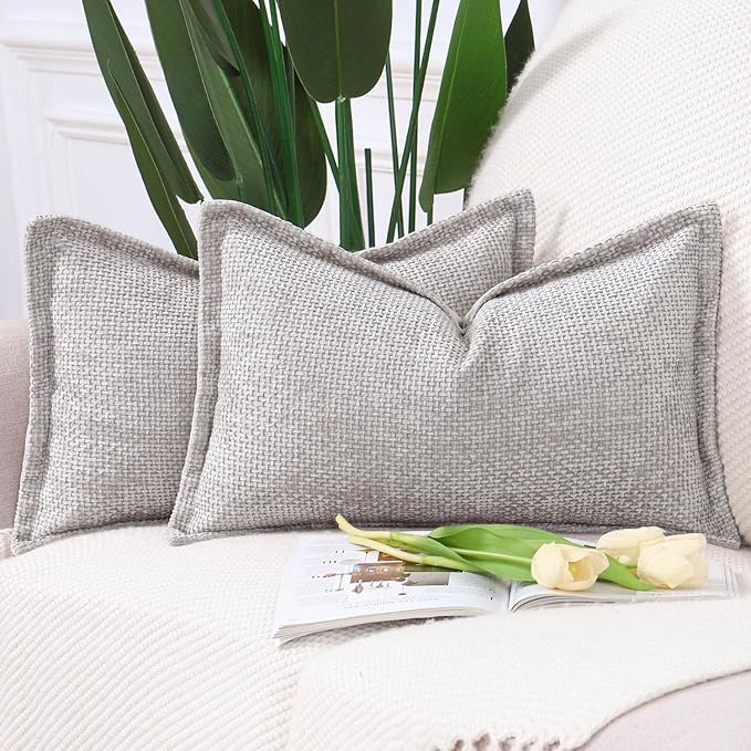 MADIZZ Decorative Chenille Velvet Throw Pillow Covers Set of 2 Soft Boho Textured Neutral Couch Throw Pillow for Bed Modern Farmhouse Home Decor for Sofa Livingroom Oatmeal 12x20 Inch