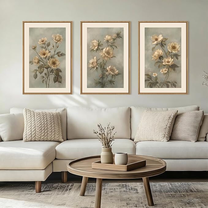 KAIRNE Vintage Botanical Flower Framed Canvas Wall Art Set,Boho Green Beige Floral Wall Decor,Rustic Wildflower Art Prints,Modern Minimalist Artwork for Living Room,Bedroom,Farmhouse,Office-16 x24 x3