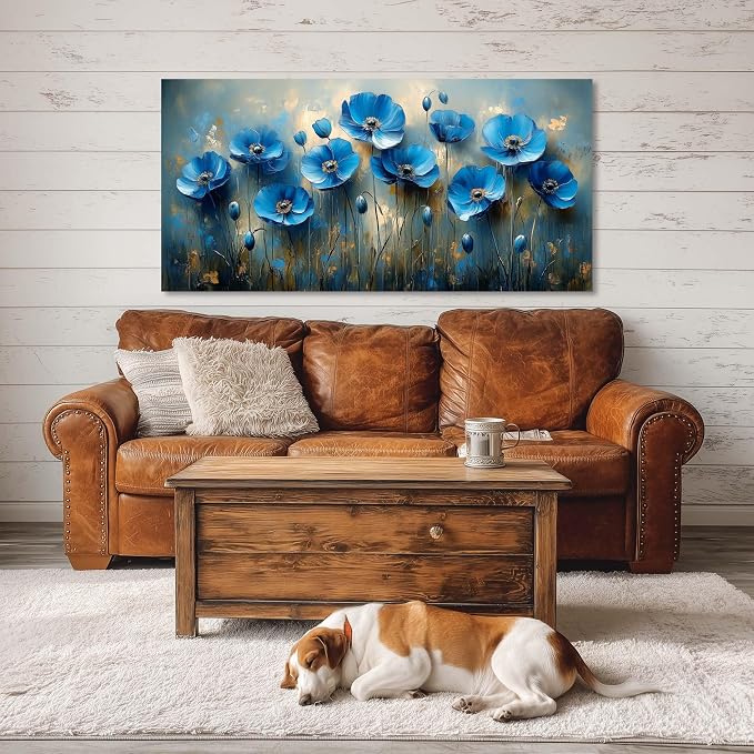 Ggaafet Navy Blue Flowers Wall Art for Living Room Canvas Oil Painting Prints Beautiful Floral Blooming Art Deco Pretty Artwork Office Bedroom Family Dining Room Decor Extra Large