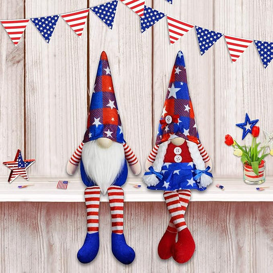 2Pcs 4th of July Patriotic Gnomes Plush Decorations- Mr & Mrs Handmade Swedish Tomte Gnomes Ornaments for 250th Anniversary Patriotic Party Table Decor-Fourth of July Party Home Mantle Fireplace Decor