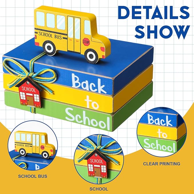 Pinkunn 4 Pcs Back to School Table Decorations School Bus Wooden Tiered Tray First Day Centerpieces for Office Classroom Teacher Desk Shelf