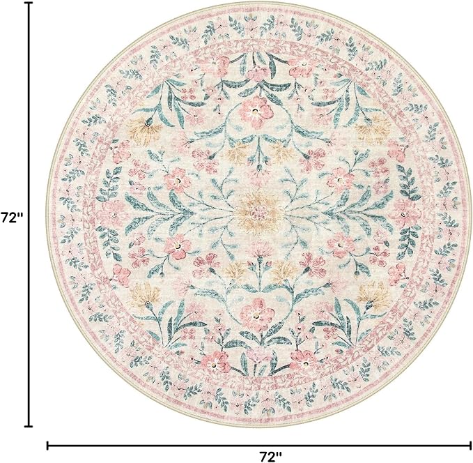 Wonnitar Washable Round Rugs 6ft, Pink Floral Circle Rug Large Round Carpet for Bedroom, Boho Soft Ultra-Thin Circular Carpets for Kids Playroom Living Room Nursery
