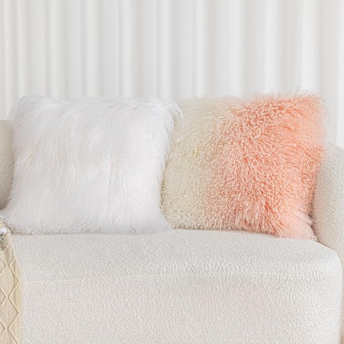 Real 100% Tibetan Mongolian Lamb Sheepskin Wool Fur Throw Pillow Covers, White 20x20 Inch Set of 2, Super Soft Plush Leather Accent Pillowcases Decorative Cushion Cover for Living Room