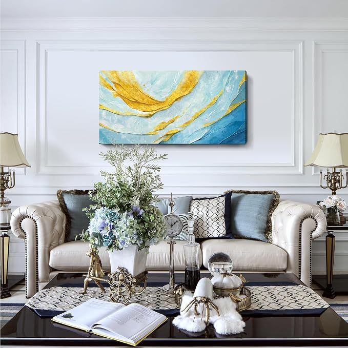 Nicetop Modern Large Abstract Wall Art – Blue and Yellow Flowing Lines Canvas Prints Contemporary Coastal Artwork Horizontal Decorative Wall Picture for Living Room Bedroom Home Office Decor 48x24 Inch