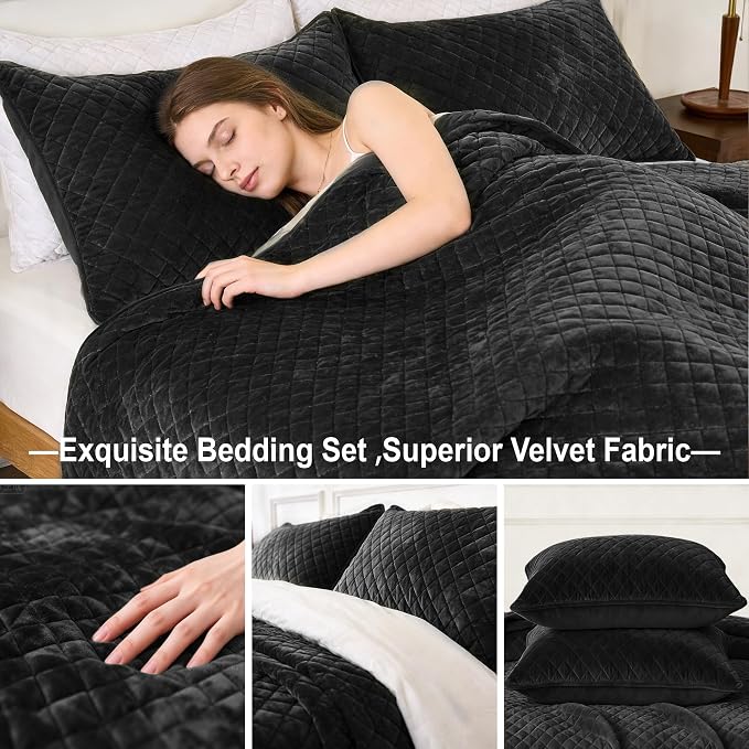 Velvet King Quilt Size Set 98x106 Luxury Ultra Soft Bedspread Coverlet 3-Piece King Comforter Sets with 2 Pillow Shams 20x36 Super Cozy for All Seasons Velvet Bedding Set, Black