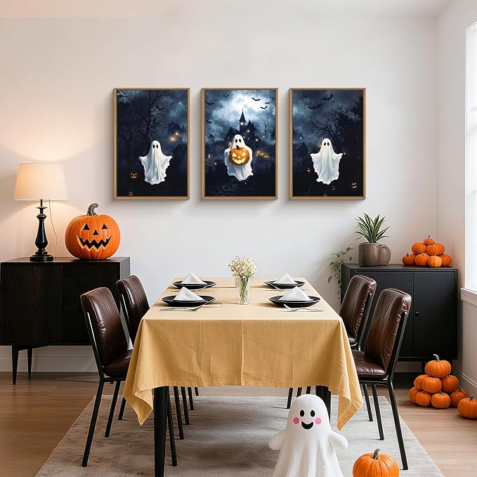 Large Spooky Halloween Framed Canvas Wall Art,Funny Ghost and Pumpkin Wall Decor,Eerie Night Castle Scene Artwork,Dark Bat and Full Moon Art Print for Living Room,Bedroom,Office- 16"x24"x3