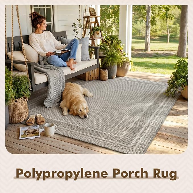 MontVoo-Outdoor Rug-Patio Rug 4x6 ft Polypropylene Indoor Outdoor Rugs Outdoor Carpet for Patio Deck Balcony Porch, Textured Weave, Durable for High Traffic, Fade-Resistant, Modern Silver Grey