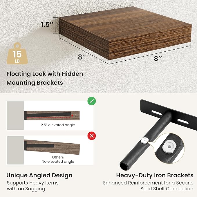 Fun Memories Rustic Wood Floating Shelves for Wall, Space-Saving Wall Mounted Shelves for Bathroom, Bedroom, Living Room and Kitchen, Stylish Storage & Display (Set of 4, Walnut, 8 in)