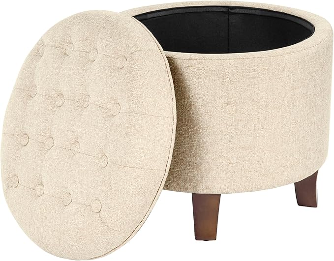 HomePop 19" Button Tufted Round Storage Ottoman - Tan Woven