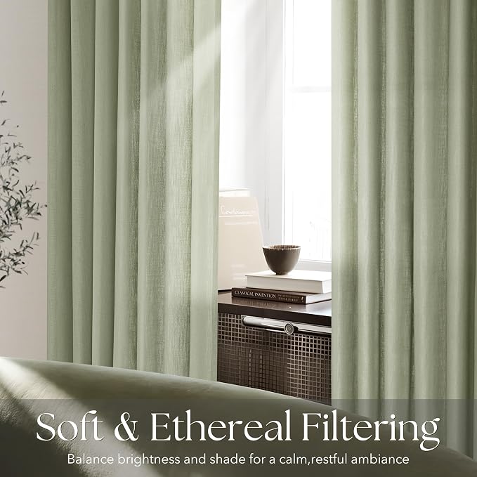 Sage Green Pinch Pleated Linen Curtains 63 Inch Length 2 Panels for Living Room Bedroom Textured Semi Sheer Drapes Pinch Pleat Rings Window Curtain 40x63