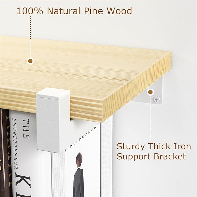 NANATI 2 Set of Floating Bookshelf with White Shelf Brackets, Pine Wood Invisible Bookshelf, Hanging Bookshelves for Wall, Unique Space Saving Wall Bookcase, White(16.5L×8.7W×1.5H)