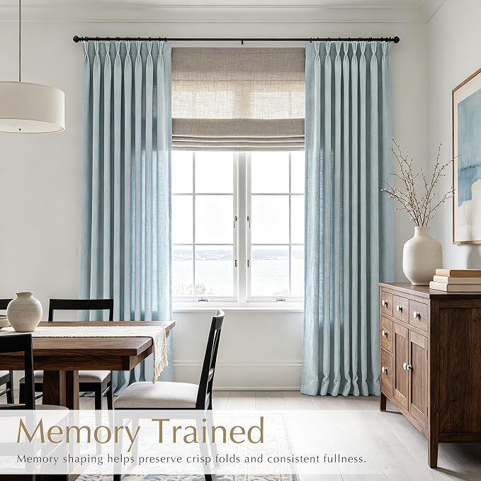 Pinch Pleated Dusty Blue Linen Curtains 96 inches Long for Living Room Light Filtering Semi Sheer Triple Pleat Curtains with Clips Modern Minimalist Coastal Decor Blue Grey Window Drapes 96 Length