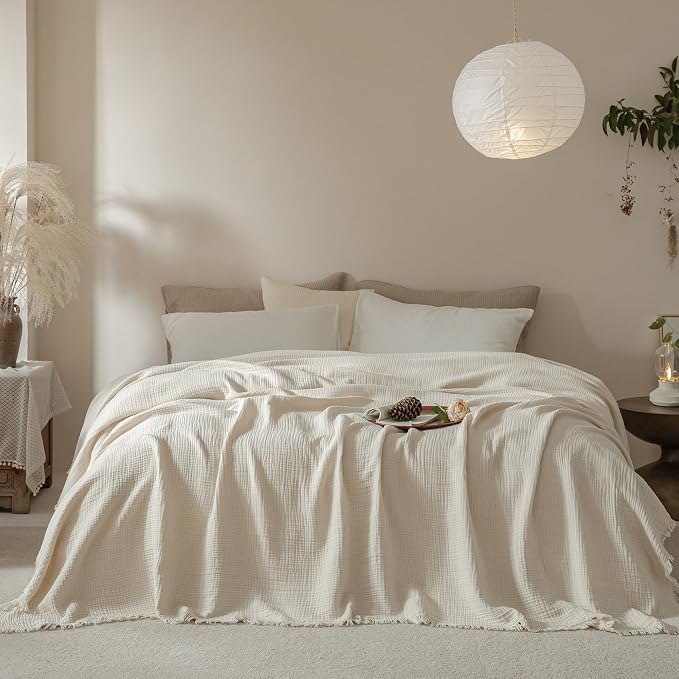 Muslin Fringe Blankets for Adults: 100% Cotton Cloud Soft | 4-Layer Gauze Breathable Lightweight All Season Throw Blanket for Bed Couch Sofa Office