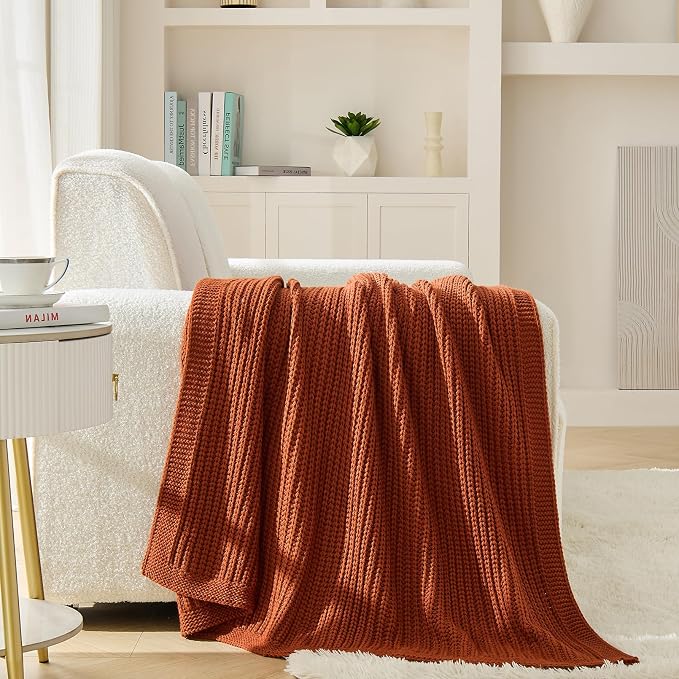 Chunky Knit Rust Orange Throw Blanket 50"x60" Soft Cozy Lightweight Knitted Blanket for Couch Sofa Bed,Cute Decorative Spring Throw for Living Room