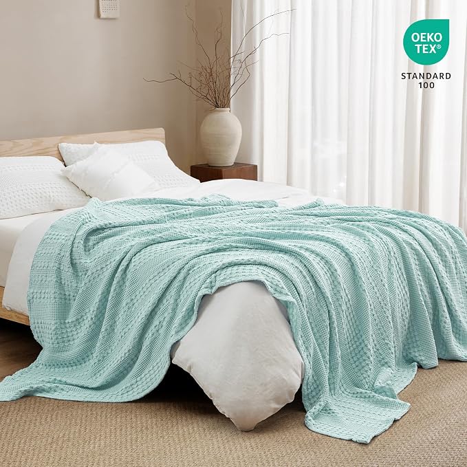 PHF 100% Cotton Waffle Blanket Queen Size for Bed, Lightweight Breathable and Soft for Summer, Luxury Aesthetic Waffle Weave Blanket for Home Decor & Gifts for Women, 90"x90", Mint