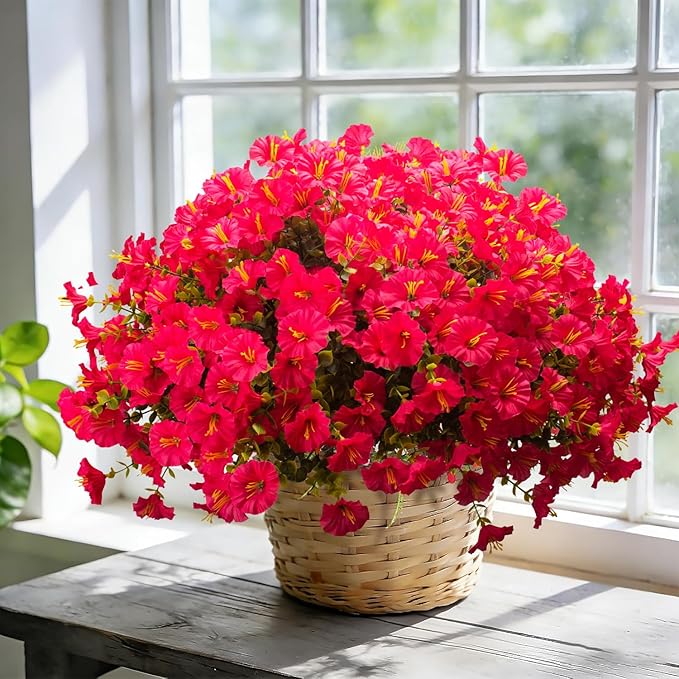 Grunyia Artificial Morning Glory Flowers with Eucalyptus - 16 Bundles UV Resistant Rose Red Faux Silk Plastic Fake Plants for Outdoor Indoor Garden Porch Front Door Home Decor