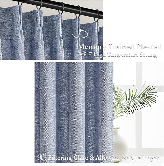 Pinch Pleated Linen Greyish Blue Sheer Curtains 84 Inches Long for Bedroom