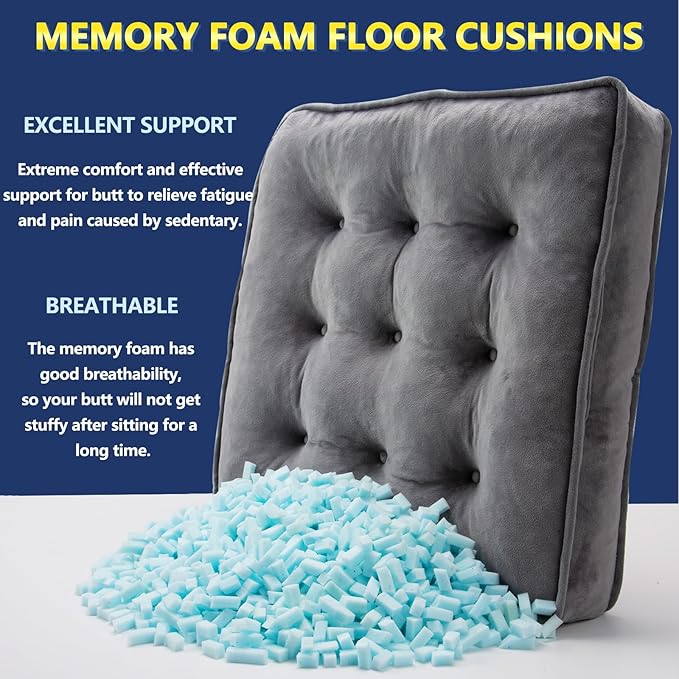 1 MIDDLE ONE Floor Pillow Set of 2, Memory Foam Meditation Cushion, Floor Cushions for Adults Sitting, Large Square Seat Cushions for Yoga, Living Room, 22x22 Inch (Grey)