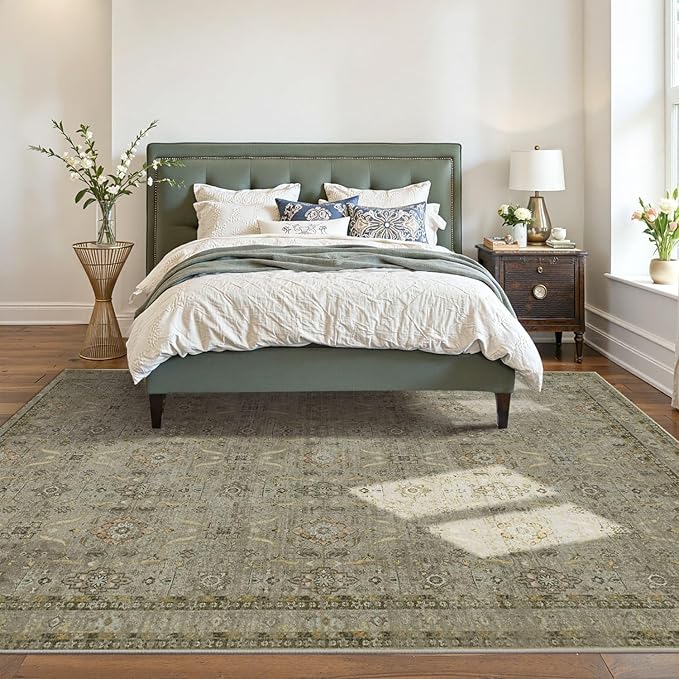 Rugxara 6x9 Area Rugs for Living Room Bedroom, Large Washable Rug, Olive Vintage Floral Boho Style, Non Slip & Low Pile Carpet for Indoor Dining Room, Dorm and Kids Room(Olive Brown 6x9ft)