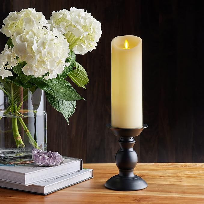 Luminara Scalloped Edge Flameless LED Candle, Warm White, 3" x 8.5", Battery Operated, Moving Flame, Real Wax Pillar with Timer, Vanilla Honey Scented