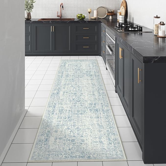 PureCozy Blue Runner Rug 2x5 Hallway Machine Washable Kitchen Vintage Distressed Non Slip Long Carpet Indoor Retro Floral Bedroom Accent Throw Rug for Bathroom Office Laundry Dining Room