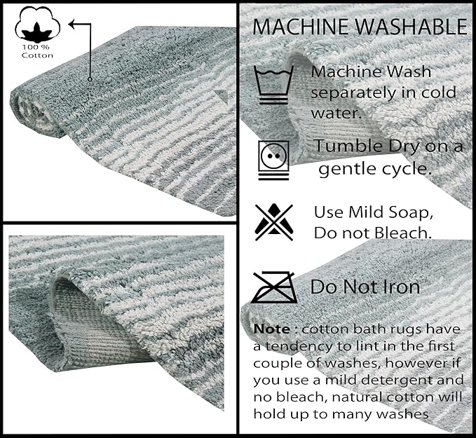 Home Weavers 100% Cotton Gradiation Collection Bathroom Décor | Washable Rug | Bathroom Mat | Kitchen Mat | Bathroom Rug Set | Bath Mat Set | Bath Floor Mat Non Slip, 3 Piece Set with Runner, Gray