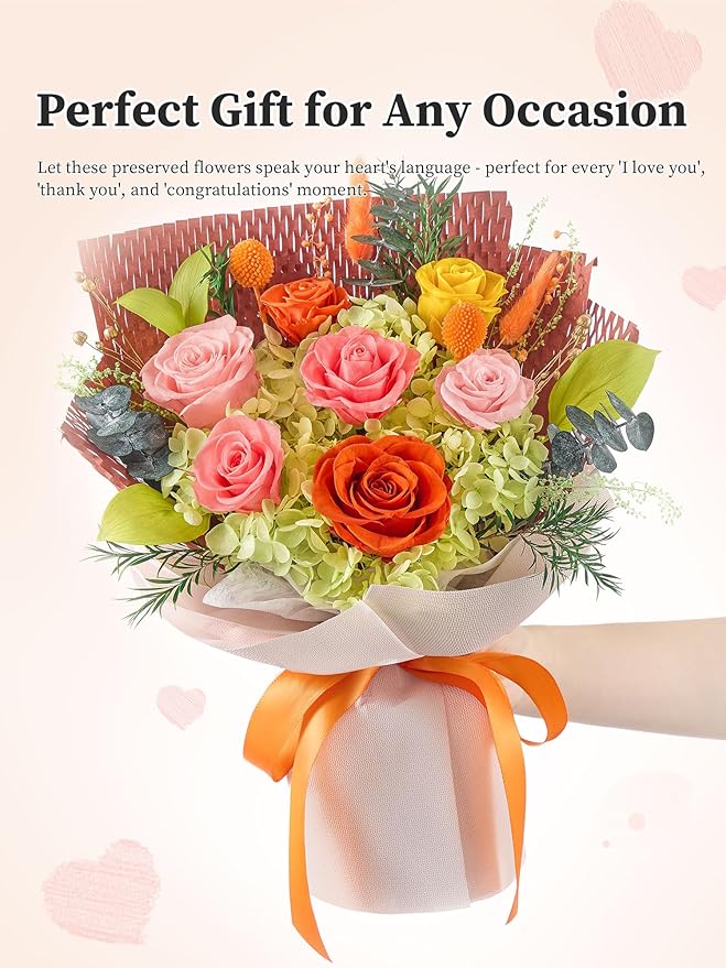 Flomoon Forever Flowers Gifts for Mom, Mothers Day Preserved Flowers Bouquet Birthday Gifts for Her, Preserved Roses for Grandma Wife Anniversary Valentines Day Christmas (7Roses, Orange)