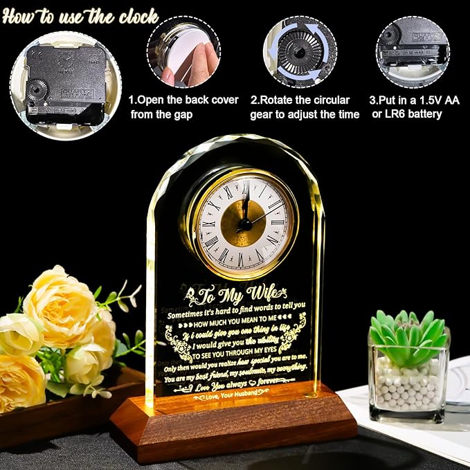 Arikyrist Glass Clock Gifts for Wife from Husband with Wooden Light Base, Personalized Gift for Wife Who Has Everything on Birthday Valentine's Day, Presents for Her on Christmas Home Desk Clock