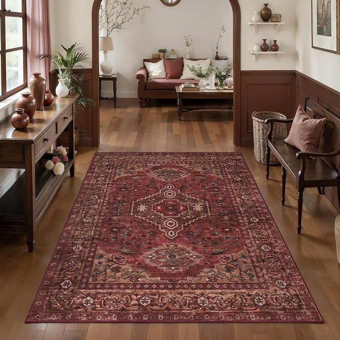 Tangsoo 3x5 Washable Rugs Oriental Area Rug, Boho Non Slip Indoor Accent Rug, Vintage Print Distressed Dark Red Carpet, Soft Low Pile Rug for Living Room Dining Bedroom Bedside Entryway