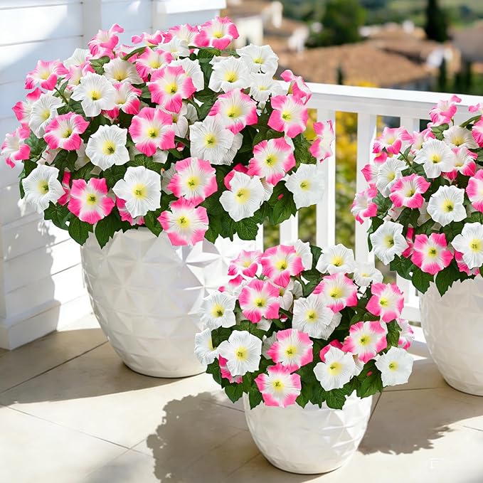 MARTINE MALL Artificial Flowers for Outdoors, 4 Bundles Realistic Fake Outdoor Flowers, UV Resistant Silk Petunia Flower for Outside Look Real Faux Flower Plants for Outdoor Porch Decor, Pink White