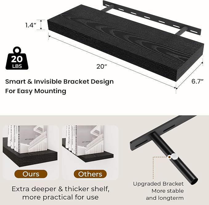 Dreamland 20Inch Black Floating Shelves 6.7" Deep Wall Mounted Set of 2 | Wall shelves for bathroom, bedroom, Living Room, kitchen, deep wall mount wood storage display for home decor 20" x 6.7"