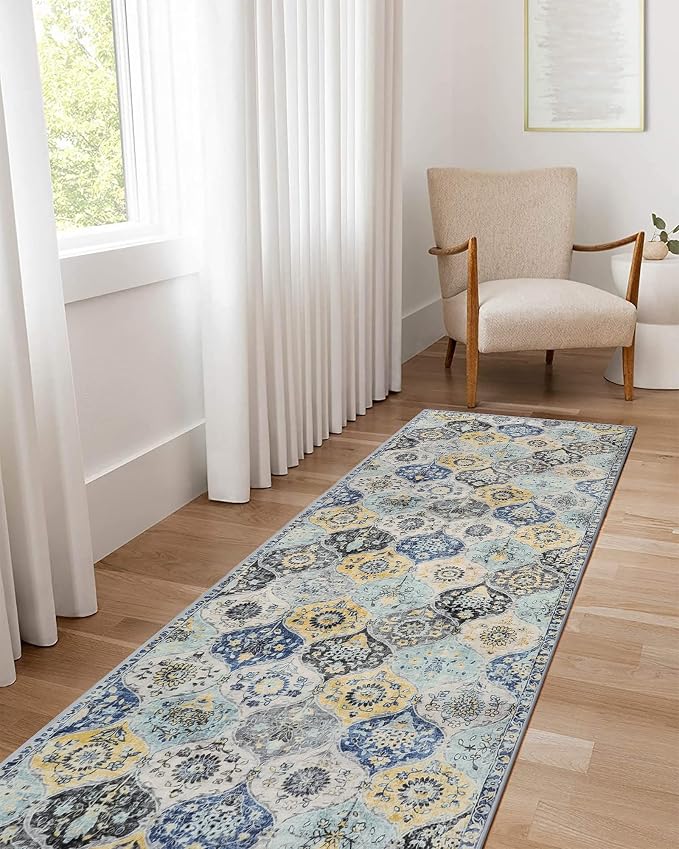 Lahome Moroccan Washable Hallway Runner Rug, 2'5''x8' Ultra-Thin Carpet Runners for Hallways Kitchen, Oriental Non-Slip Laundry Room Rug for Entryway Bedroom Bathroom Elise, Yellow/Aqua