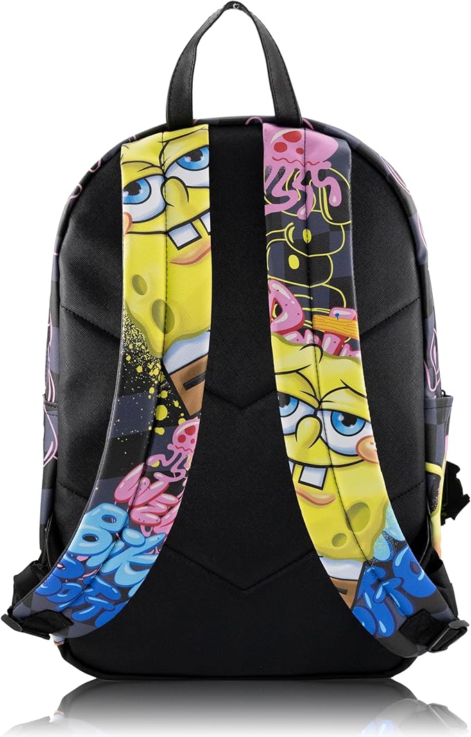 Fast Forward SpongeBob SquarePants Backpack for Teens | 16" Saffiano Leather School Bookbag with Rubber Luggage Tag | SpongeBob Bag for Boys, Girls, Unisex | Officially Licensed Nickelodeon