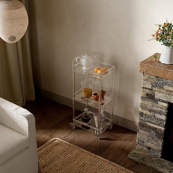 Eglaf Small Acrylic Bar cart, 3 Tier Home Bar Cart with 4 Lockable Wheels | Rolling Serving Cart with Glass Holders, Handle, for Living Room, Kitchen, Bedroom, Bar, 15.6" L x 11.6" W x 35" H