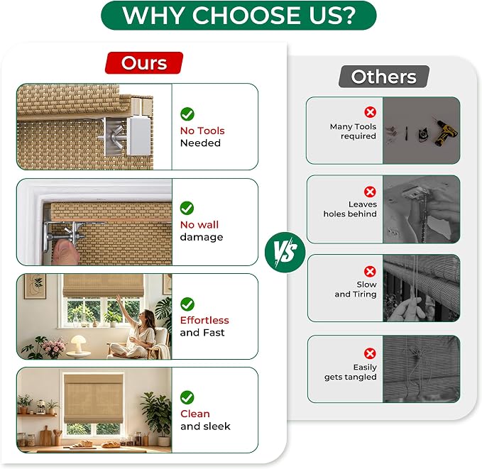 Allesin zen No Drill Cordless Bamboo Roman Shades, Light Filtering 28" W x 48" H, Brown
