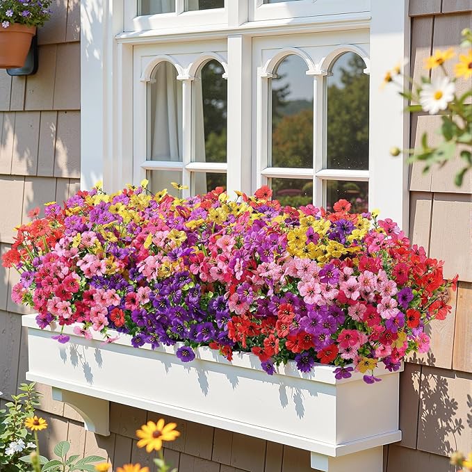 Alupssuc 48 Bundles Artificial Flowers for Outdoors Decoration, UV Resistant Silk Faux Floral Spring Fake Plastic Plants Greenery for Outside Indoor Porch Window Planter Home Decor(Upgrade 6 Colors)
