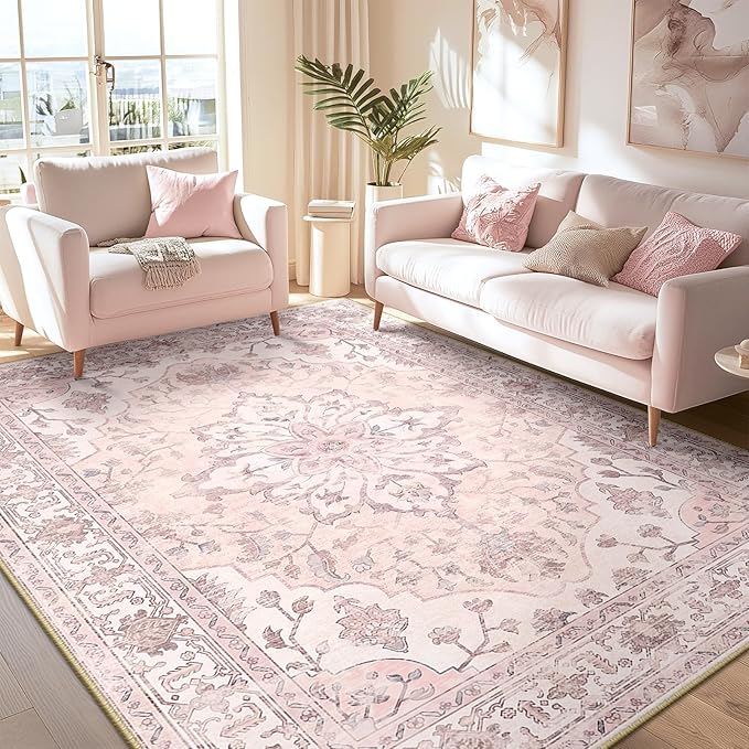 RELEANY Area Rugs 8'x10' Washable Non-Slip, Floral Vintage Distress Print Pattern Medallion Carpet for Living Room Bedroom Dining Room, Pink Greypink Cute