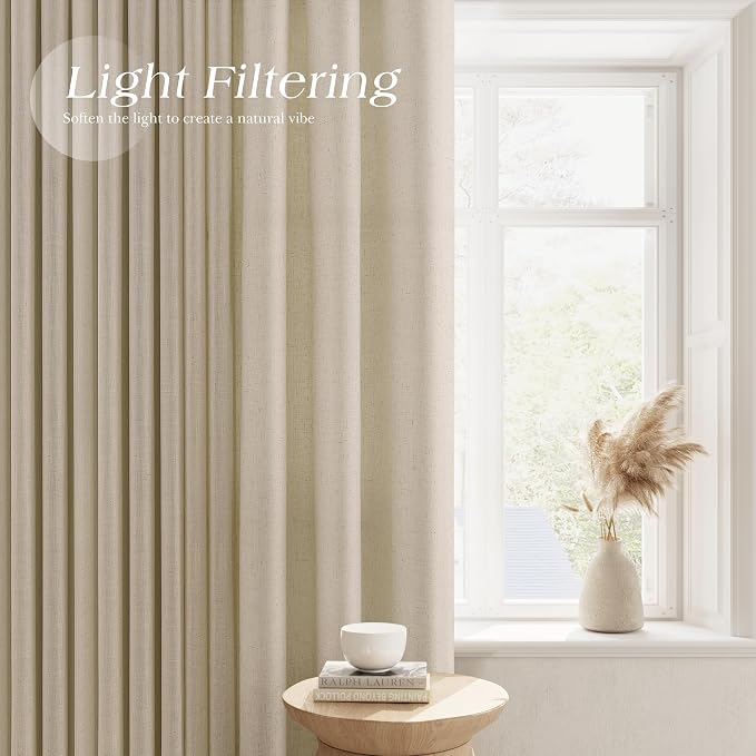 Eggshell Beige Linen Curtains 90 Inches Long for Living Room Light Filtering Semi Sheer Grommet Top Curtain Luxury Neutral Modern Farmhouse Sheer Privacy Drapes for Bedroom Dinner Room 52x90, 2 Panel