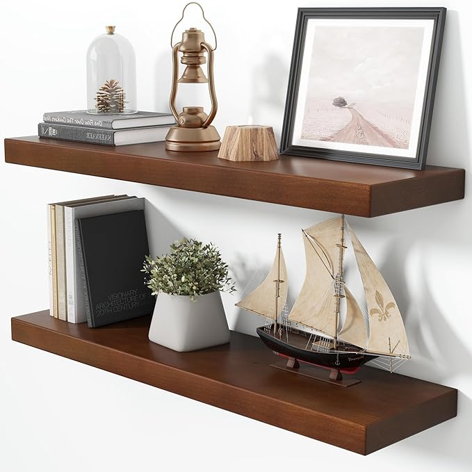 Axeman 36 Inch Floating Shelves for Wall, 9.3" Deep High End Solid Real Wood Wall Shelves with Heavy Duty Invisible Bracket for Living Room, Bedroom, Kitchen, Bathroom, Set of 2, Walnut Finish