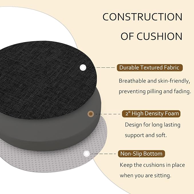 ELFJOY Round Chair Cushions for Dining Chairs Non Slip High-Resilience Foam Chair Pads 2" Thick Seat Cushions for Kitchen Chairs Set of 2 16" Black