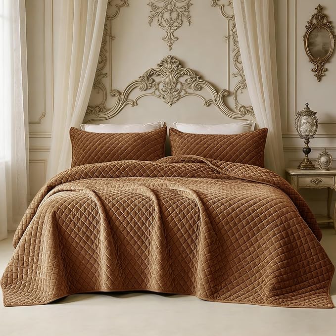 Velvet California King Quilt Size Set 106x118 Luxury Soft Bedspread Coverlet 3-Piece King Comforter Sets with 2 Pillow Shams 20x36 Super Cozy for All Seasons Velvet Bedding Set, Caramel