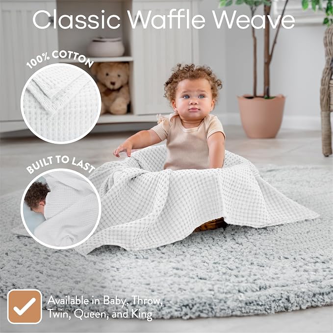 Comfy Cubs Waffle Weave Baby Blanket - 40” x 40” Cotton Blanket with Textured Design - Lightweight Swaddle for Bed, Crib, Stroller, or Couch - Soft and Cozy Cover for Toddlers, Boys & Girls - White