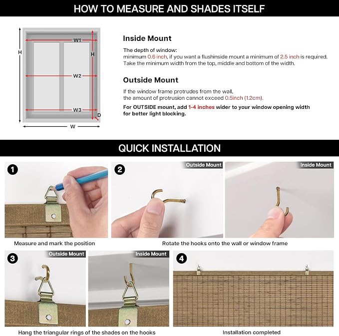 LazBlinds Cordless Bamboo Blinds, Bamboo Roll Up Shades for Windows, Privacy Hanging Window Blinds, Shades for Patio Indoor/Outdoor Porch, 43" W x 64" H, Highfield Teak